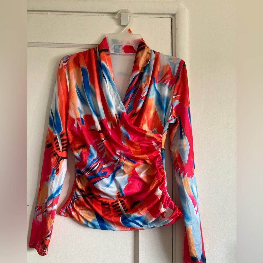 Red and Blue Long Sleeve Wrap Blouse